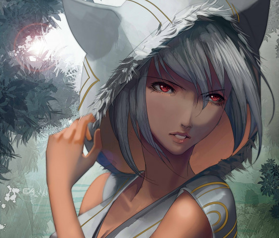 Обои картинки фото аниме, unknown,  другое, kitsune, yin, капюшон, ушки, рука, девушка