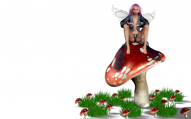 Обои картинки фото 3д графика, существа , creatures, фон, девушка, существо, взгляд, крылья, гриб