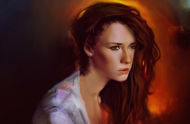 Обои картинки фото рисованное, люди, фон, зеленые, глаза, взгляд, рыжая, арт, девушка