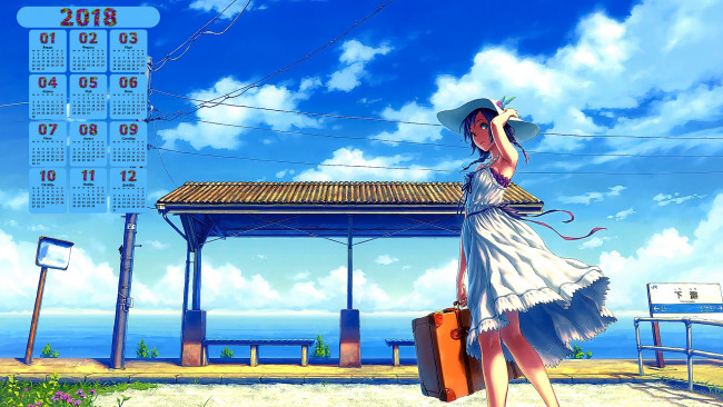 Обои картинки фото календари, аниме, девушка, 2018, чемодан, шляпа, взгляд