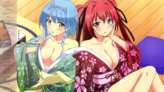 Обои картинки фото календари, аниме, кимоно, лицо, взгляд, двое, девушка, 2018