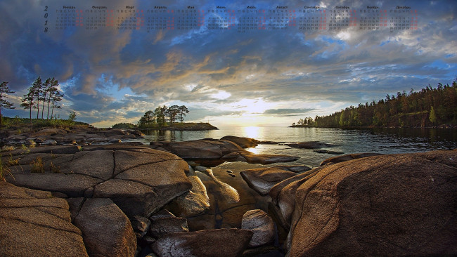 Обои картинки фото календари, природа, камни, водоем, 2018, облака, деревья