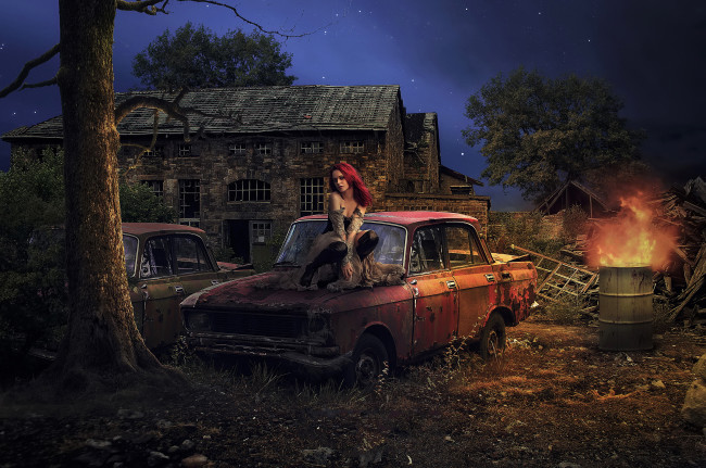 Обои картинки фото разное, компьютерный дизайн, девушка, огонь, автомомбиль, бочка, дом, фон