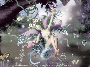 обоя календари, 3д-графика, 2019, calendar, радость, смех, природа, растение, фея, бабочка, цветы, девушка