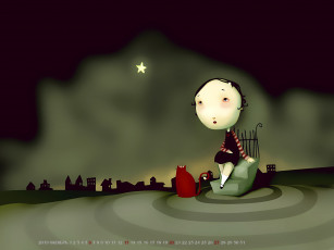 Картинка календари рисованные +векторная+графика девочка 2019 calendar ступени здание ночь звезда кошка