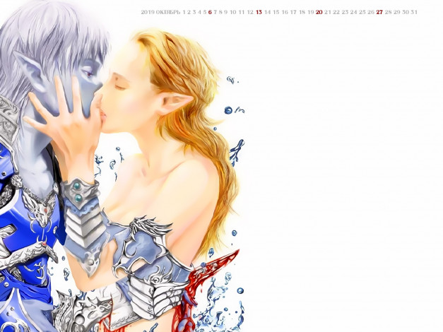Обои картинки фото календари, фэнтези, 2019, эльф, поцелуй, девушка, calendar