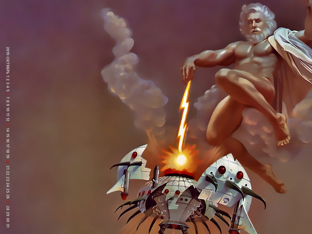 Обои картинки фото календари, фэнтези, облако, мужчина, звездолет, 2019, calendar, бог, молния