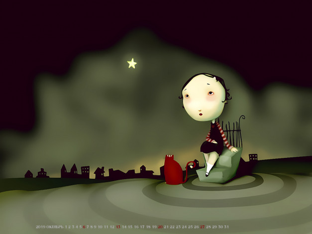 Обои картинки фото календари, рисованные,  векторная графика, девочка, 2019, calendar, ступени, здание, ночь, звезда, кошка