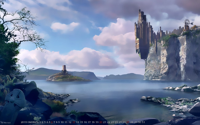 Обои картинки фото календари, фэнтези, 2019, calendar, вода, строение, небо, облако, водоем