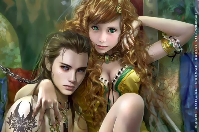 Обои картинки фото календари, фэнтези, 2019, calendar, объятие, взгляд, парень, рисунок, тату, юноша, девушка