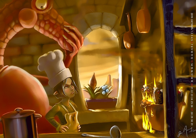 Обои картинки фото календари, фэнтези, 2019, окно, колпак, эльф, calendar, помещение, дракон