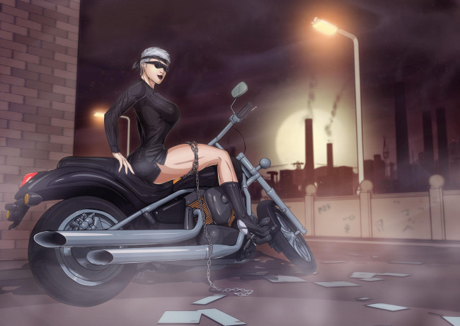 Обои картинки фото рисованное, люди, девушка, фон, очки, платье, цепь, байк