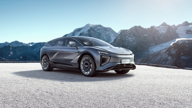 Обои картинки фото hiphi 1 2020, автомобили, hiphi, серебристый, площадка, горы