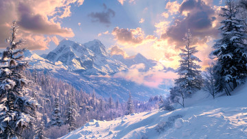 Картинка 3д+графика природа+ nature зима снег горы лес облака