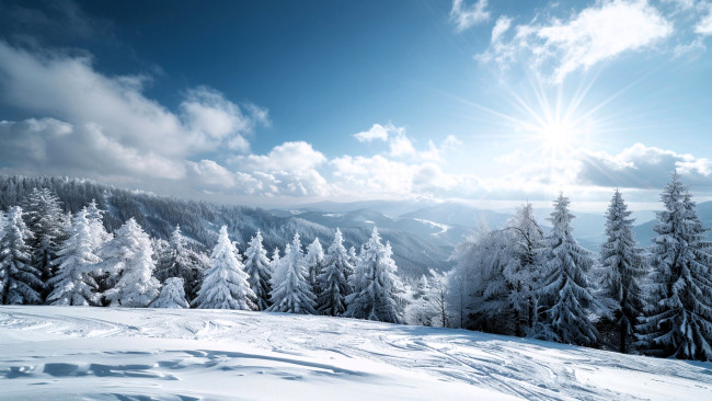 Обои картинки фото 3д графика, природа , nature, зима, снег, горы, лес, облака