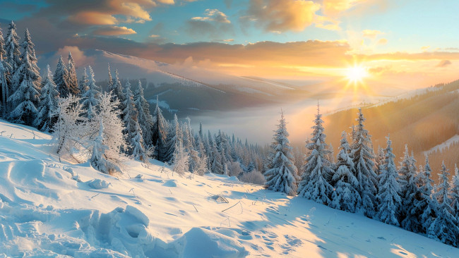 Обои картинки фото 3д графика, природа , nature, зима, снег, горы, лес, облака