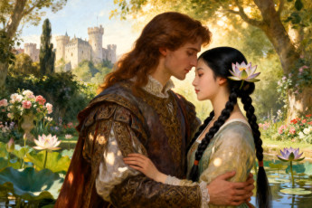 обоя фэнтези, люди, принц, девушка, лотосы, косы, замок, озеро, парк