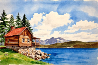 обоя рисованное, города, дом, деревья, берег, камни, озеро, горы