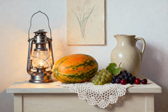 обоя рисованное, живопись, натюрморт, фонарь, дыня