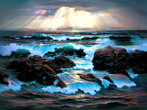 Обои картинки фото john pitre, рисованное, живопись, тучи, лучи, море, камни, берег