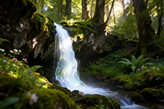 Обои картинки фото разное, компьютерный дизайн, лес, мох, овраг, водопад, цветы