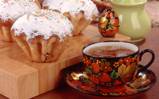 Обои картинки фото еда, напитки, Чай, чашка, чай, хохлома, кексы