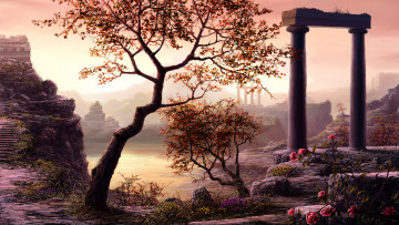 Картинка фэнтези пейзажи деревья колонны прошлое запустение