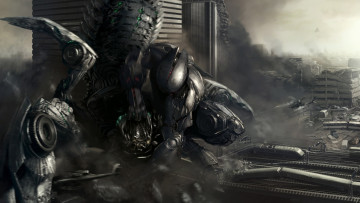 Картинка фэнтези роботы +киборги +механизмы город разрушенный вертолеты будущее атака битва