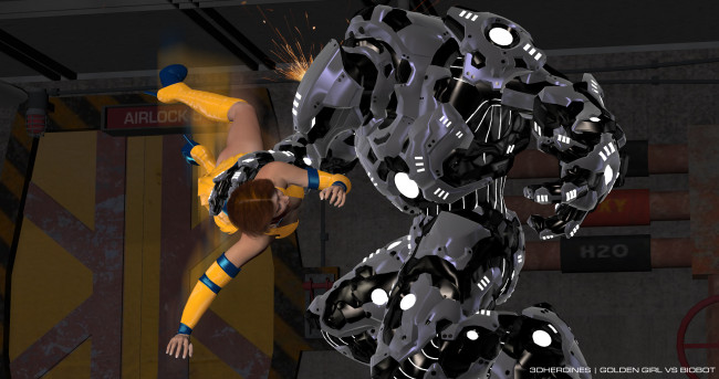 Обои картинки фото 3д графика, fantasy , фантазия, девушка, робот, драка