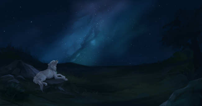 Обои картинки фото рисованные, животные,  волки, ночь, волк