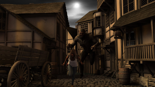 Обои картинки фото 3д графика, fantasy , фантазия, дома, улица, существо, девушка, город