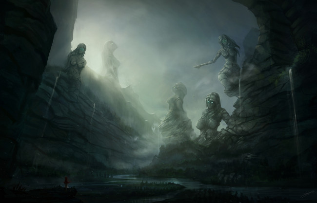 Обои картинки фото фэнтези, иные миры,  иные времена, река, водопады, пещера, ущелье, статуи, гигантские