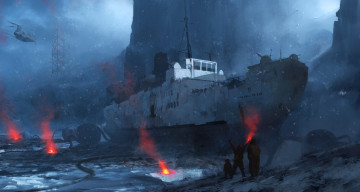 Картинка фэнтези иные+миры +иные+времена корабль море люди огонь арт