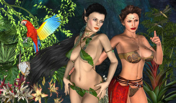 Картинка 3д+графика эльфы+ elves взгляд девушки насекомие цветы попугай фон