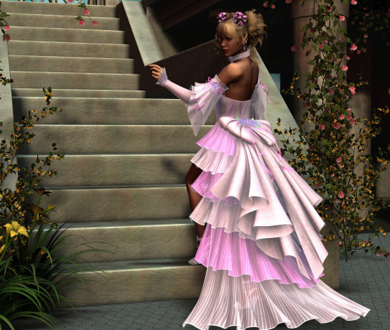 Обои картинки фото 3д графика, люди , people, лестница, платье, фон, взгляд, девушка