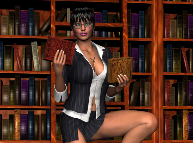Обои картинки фото 3д графика, люди , people, девушка, взгляд, фон, библиотека, книги