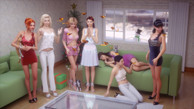 Обои картинки фото 3д графика, люди , people, стол, комната, елка, диваны, фон, взгляд, девушки