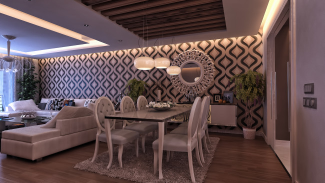 Обои картинки фото 3д графика, реализм , realism, диваны, стулья, стол, светильники, зеркало