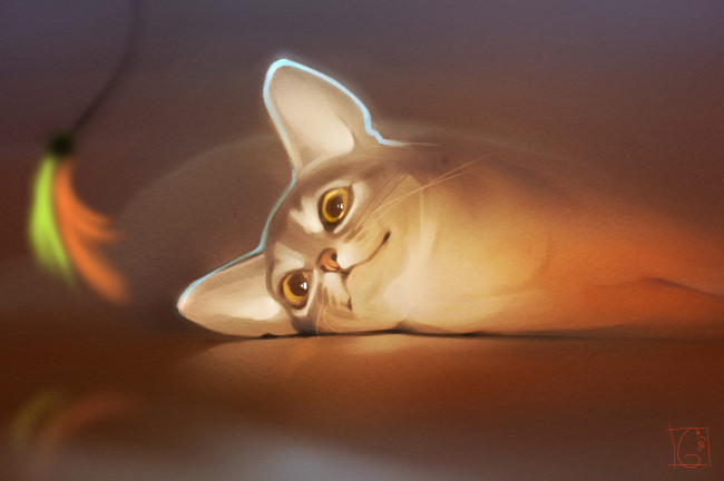 Обои картинки фото gaudibuendia, рисованное, животные,  коты, перо, взгляд, киса, кот