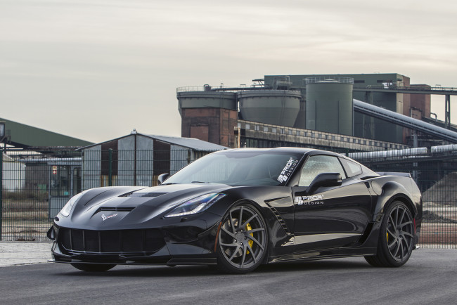 Обои картинки фото автомобили, corvette, темный, 2015г, c7, pdr700, coupe, stingray, chevrolet, prior-design