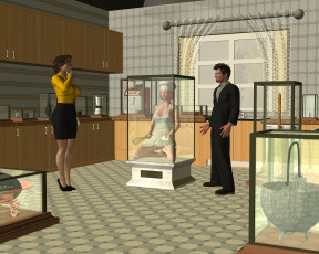 обоя 3д графика, фантазия , fantasy, взгляд, фон, мужчина, девушка, колдовство, манекен, офис