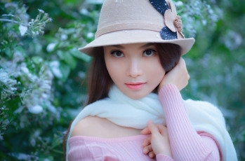 Картинка девушки -unsort+ лица +портреты портрет шарф взгляд шляпа азиатка лицо