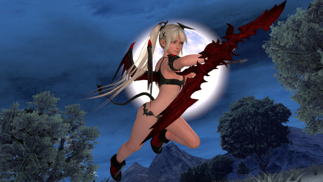 Обои картинки фото 3д графика, существа , creatures, девушка, взгляд, фон, демон, луна, полет, оружие