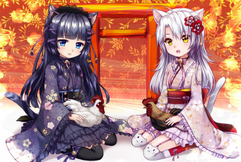 Картинка аниме животные +существа фон взгляд девушки