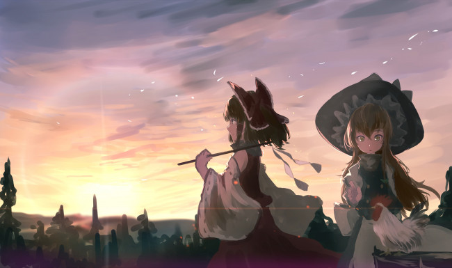 Обои картинки фото аниме, touhou, kirisame, marisa, hakurei, reimu