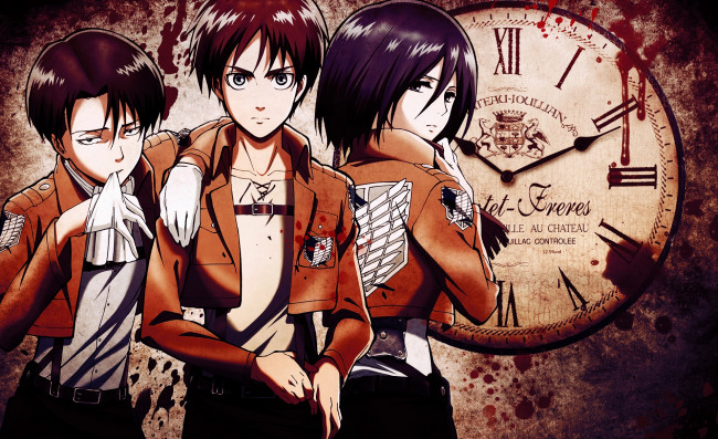 Обои картинки фото аниме, shingeki no kyojin, эрен, леви, микаса