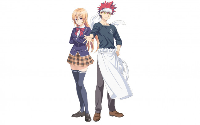 Обои картинки фото аниме, shokugeki no soma, девушка, взгляд, фон, парень