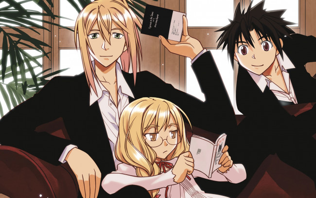 Обои картинки фото uq holder, аниме, парни, фон, взгляд