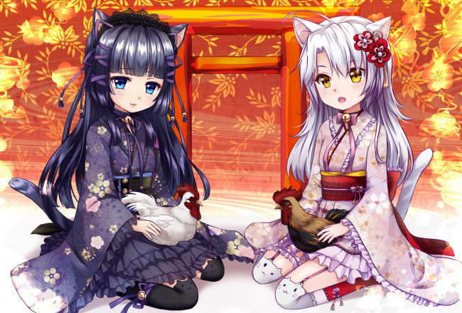 Обои картинки фото аниме, животные,  существа, фон, взгляд, девушки