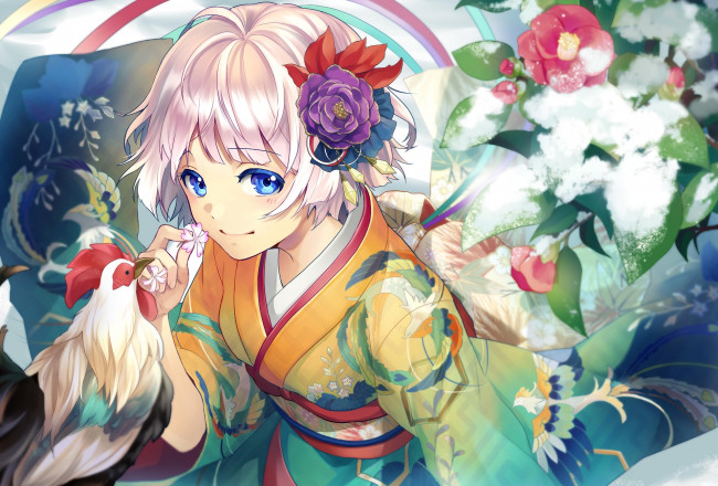 Обои картинки фото аниме, зима,  новый год,  рождество, петух, фон, взгляд, девушка